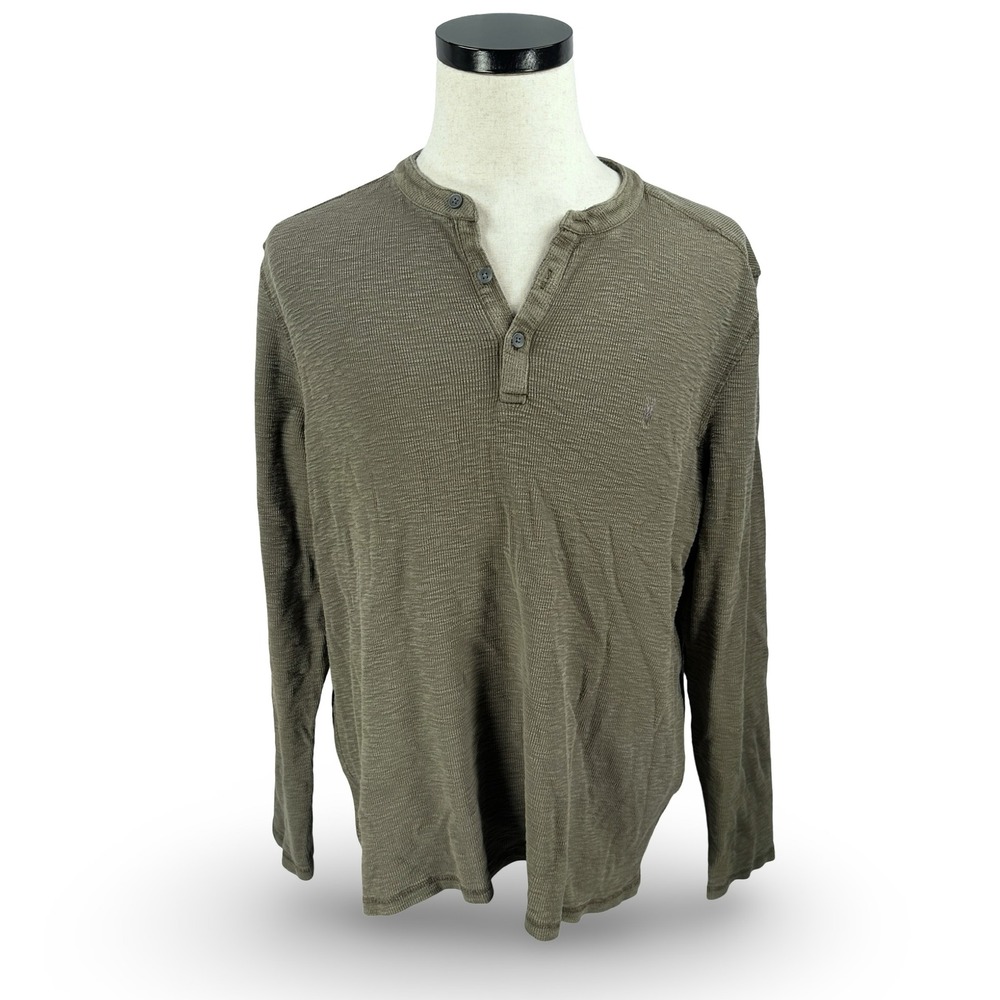 AllSaints Muse Thermal Henley Shirt Gray Olive Long Sleeve Ramskull Logo XL